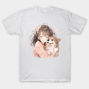 Cute Manga Girl Cuddling Puppy T-Shirt